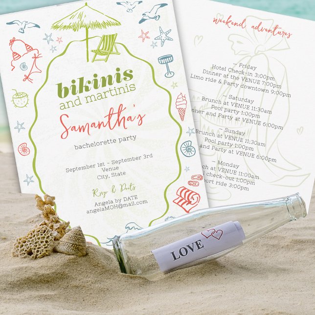 Invitation Bikinis & Martinis 2 Hand Drawn Beach Bachelorette (Bikinis Martinis Tropical Island Destination Hand Drawn Beach Bachelorette Girls Weekend Invitation)