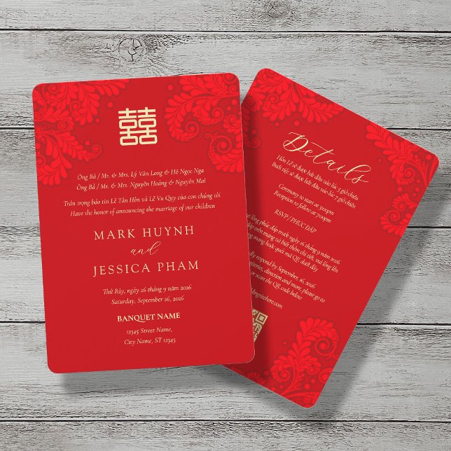 Invitation Bilingual Vietnamese English Red Floral Wedding (Créateur téléchargé)