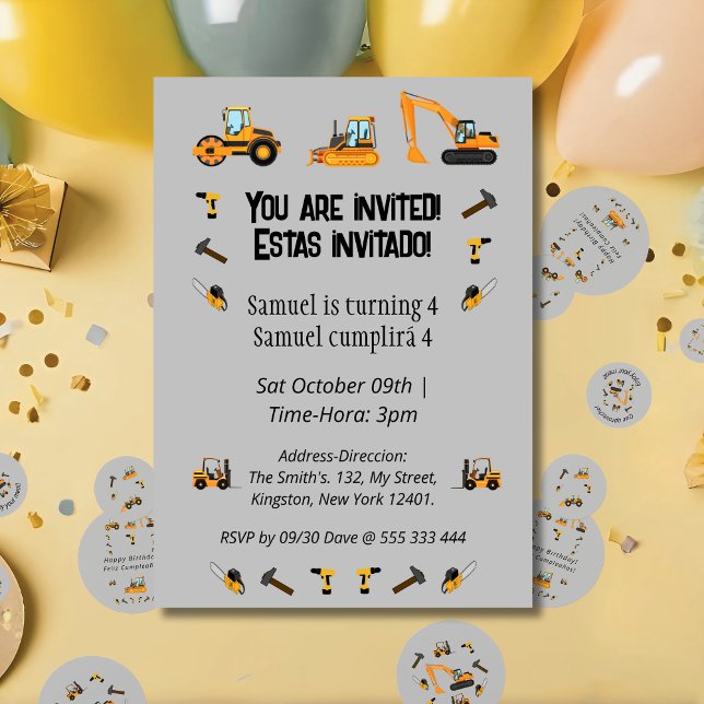 Invitation Bilingue Birthday Party Construction Thème (Gray Bilingual birthday party invitation, construction themed, custom Spanish text. Multilingual )