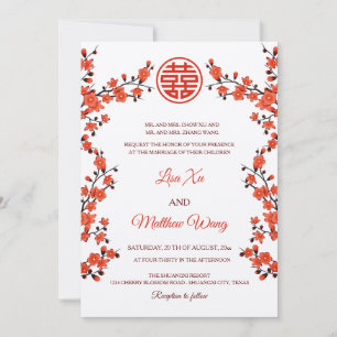 Invitation BILINGUE Fleur de cerisier rouge   Mariage chinois