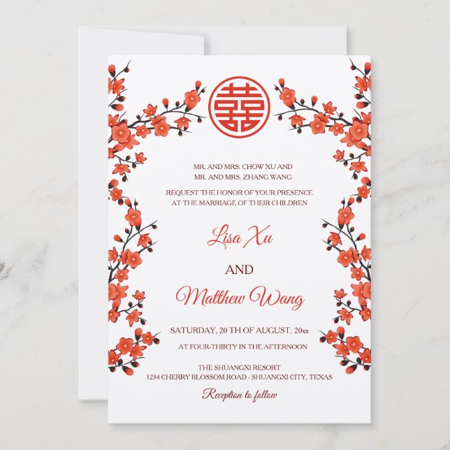 Invitation BILINGUE Fleur de cerisier rouge | Mariage chinois (Devant)