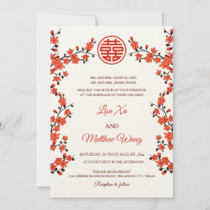Invitation BILINGUE Fleur de cerisier rouge   Mariage chinois