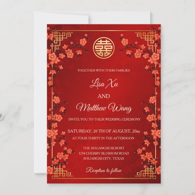 Invitation BILINGUE Fleur de cerisier rouge | Mariage chinois (Devant)