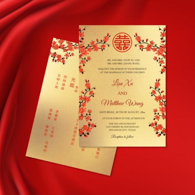Invitation BILINGUE Fleur Orientale Rouge | Mariage Chinois (Créateur téléchargé)