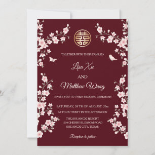 Invitation BILINGUE   Mariage chinois en fleurs de cerisier d