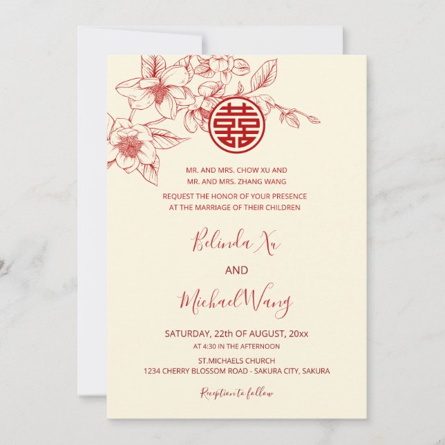 Invitation BILINGUE | Mariage chinois Magnolia Cream (Devant)
