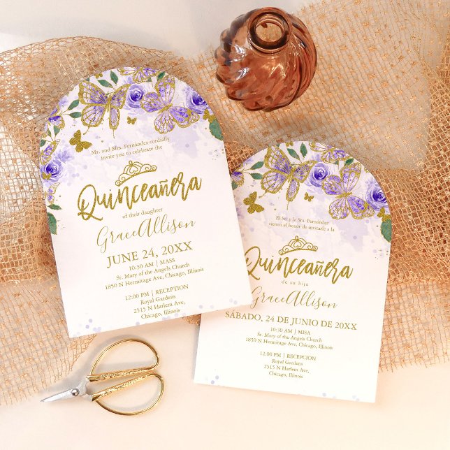 Invitation bilingue Papillon Violet pour Quinceañe (Créateur téléchargé)