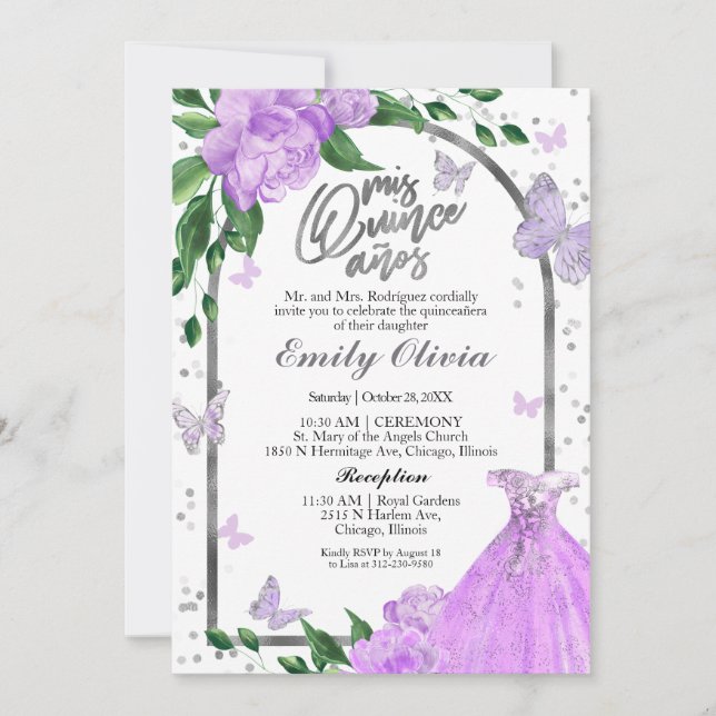 Invitation Bilingue Quinceanera Butterflys Lavender Gown (Devant)