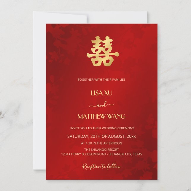 Invitation Bilingue | Simple Rouge Or Mariage Chinois (Devant)
