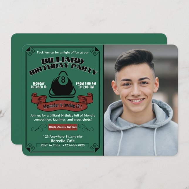 Invitation Billard Anniversaire Thème de la fête Photo person (Devant / Derrière)