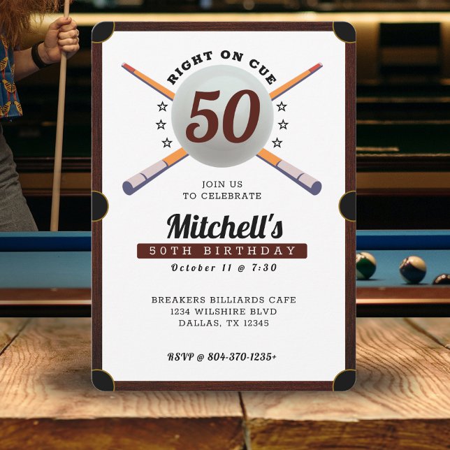 Invitation Billard de la piscine 50e fête d'anniversaire Blan (Pool Billiards 50th Birthday Party White Invitation
)