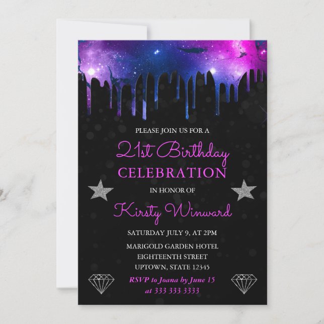 Invitation Bille de galaxie bleue et violette pour 21e annive (Devant)