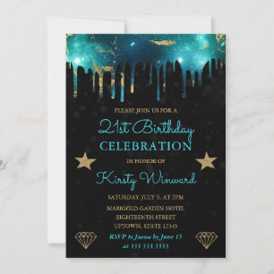 Invitation Bille Galaxie Verte et Or 21e Anniversaire