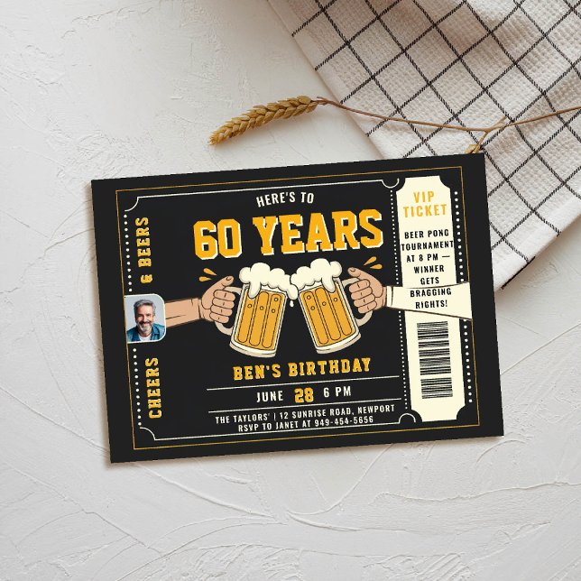Invitation Billet à thème de la bière noir Hommes Adulte Anni (men birthday party invitation beer themed cheers photo black yellow orange ticket backyard)
