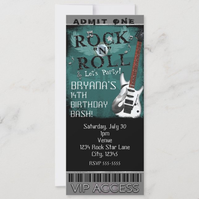 Invitation Billet Anniversaire VIP Party Rock N Roll Star Gla (Devant)