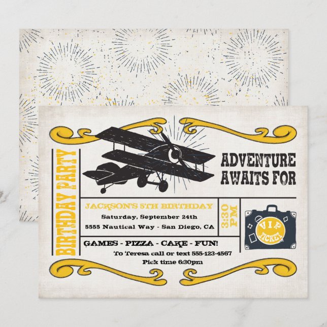 Invitation Billet Avion Aventure Anniversaire (Devant / Derrière)