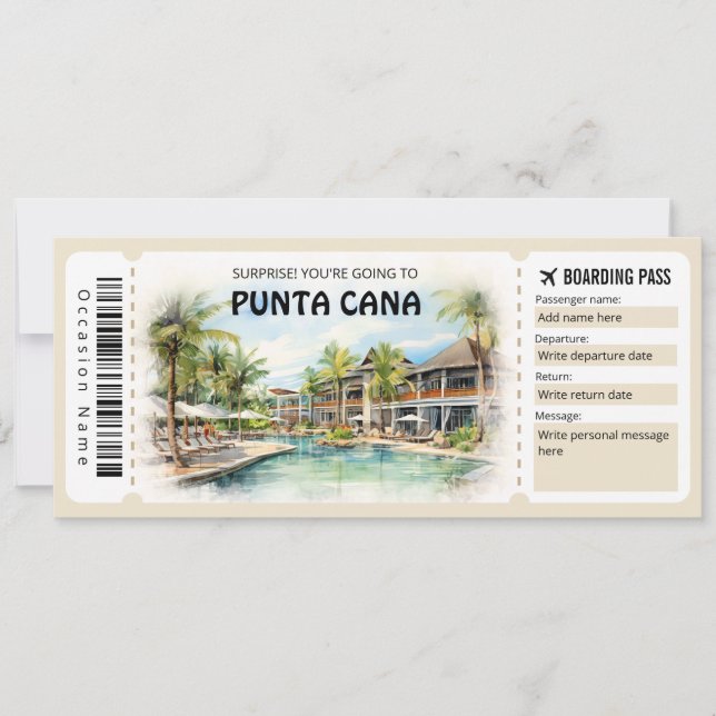 Invitation Billet avion Editable Punta Cana Boarding Pass (Devant)