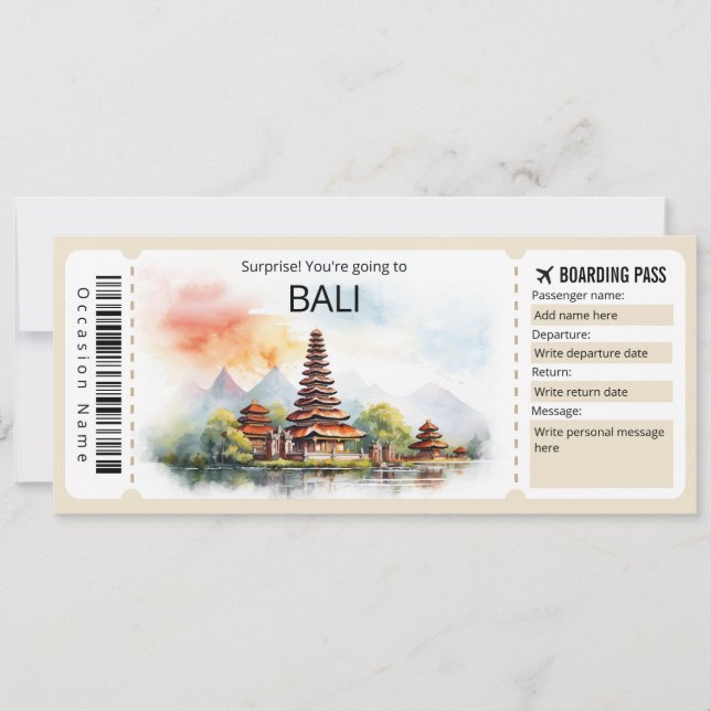 Invitation Billet Bali Avion modifiable, Bali Trip (Devant)