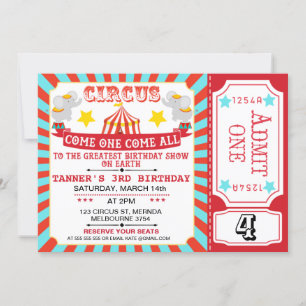 Invitation Billet Blue Red Circus Circus Tente Anniversaire