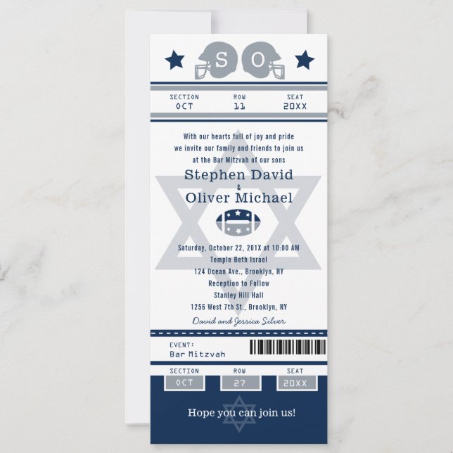 Invitation Billet Blue Silver Bar Mitzvah pour Twins Football (Devant)
