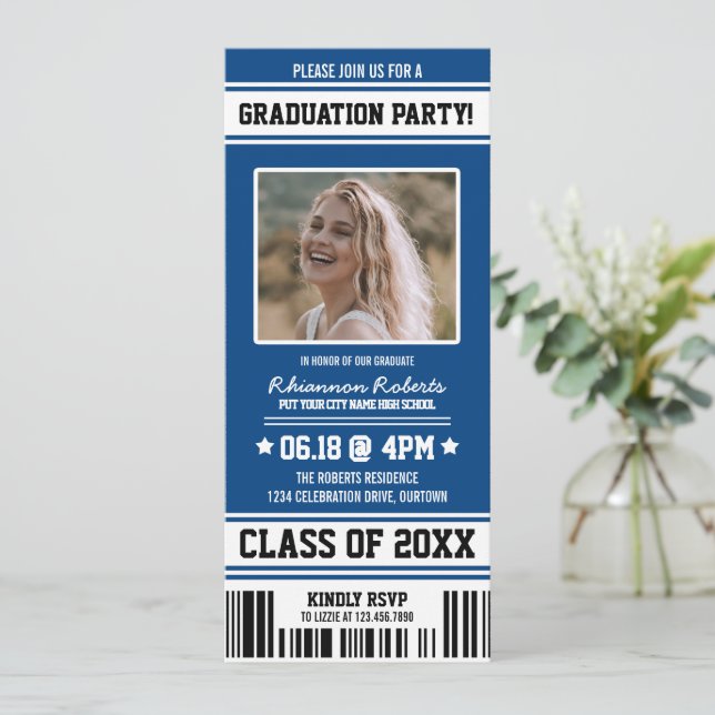 Invitation Billet Blue|White Sporty Graduy Party (Debout devant)