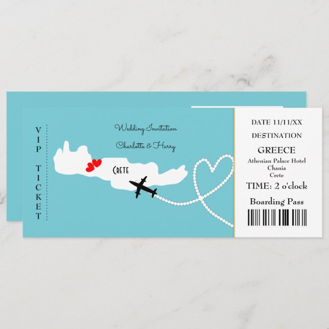 Invitation Billet Boarding Pass Mariage Destination Crète (Devant / Derrière)