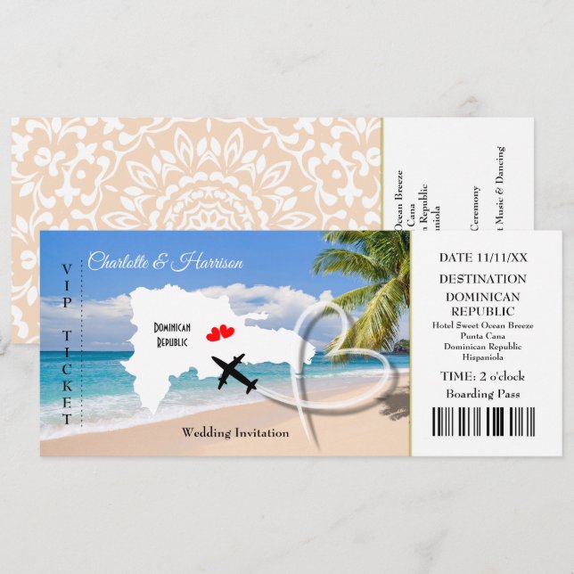 Invitation Billet Boarding Pass Mariage Destination Dominicai (Devant / Derrière)