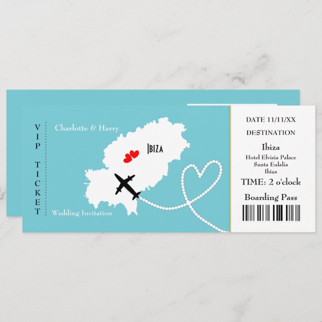 Invitation Billet Boarding Pass Mariage Destination Ibiza (Devant / Derrière)
