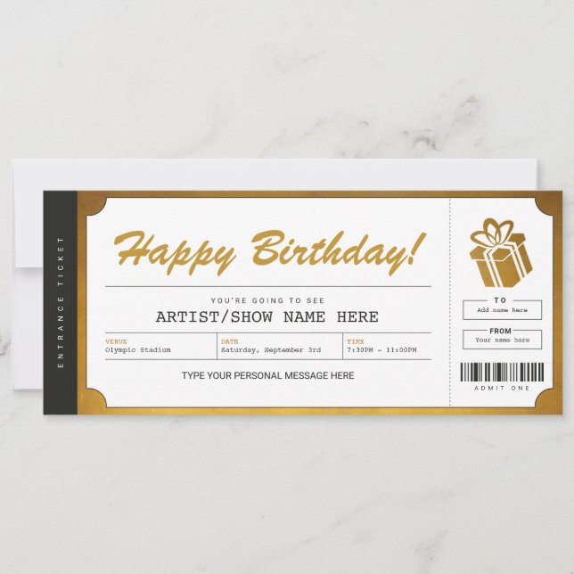 Invitation Billet Cadeau Concert Surprise Or (Devant)