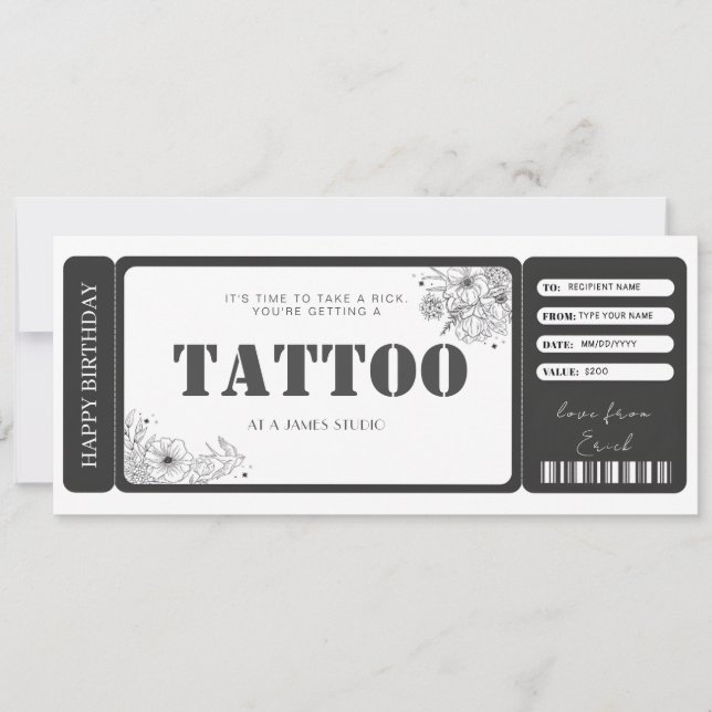 Invitation Billet cadeau pour un tatouage personnalisé (Devant)