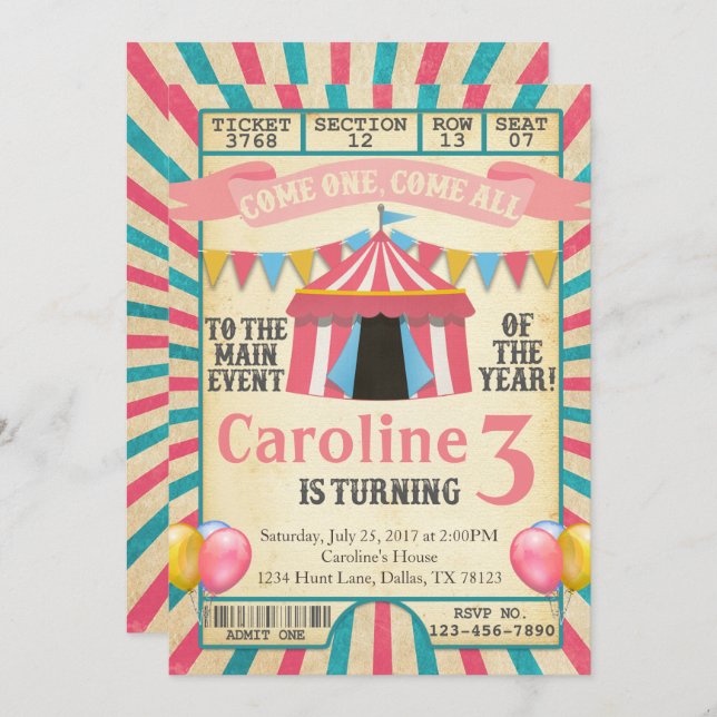 Invitation Billet Carnaval Circus Anniversaire Fête Invitatio (Devant / Derrière)