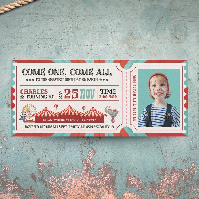 Invitation Billet Carnaval de Cirque vintage Photo Anniversai (Photo Birthday Invitation - Circus Theme)