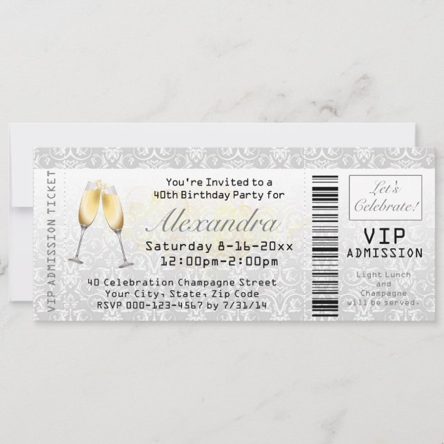 Invitation Billet Champagne Femme 40e Anniversaire (Devant)