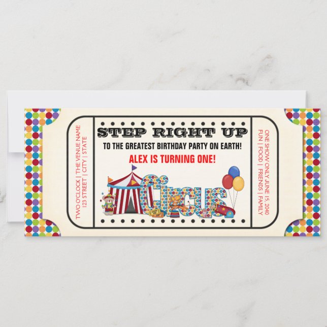 Invitation Billet Cirque Enfants Fête d'anniversaire (Devant)