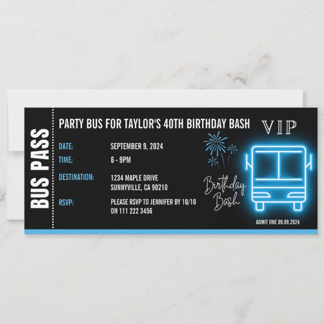 Invitation Billet d'abonnement de bus de fête VIP Anniversair (Devant)