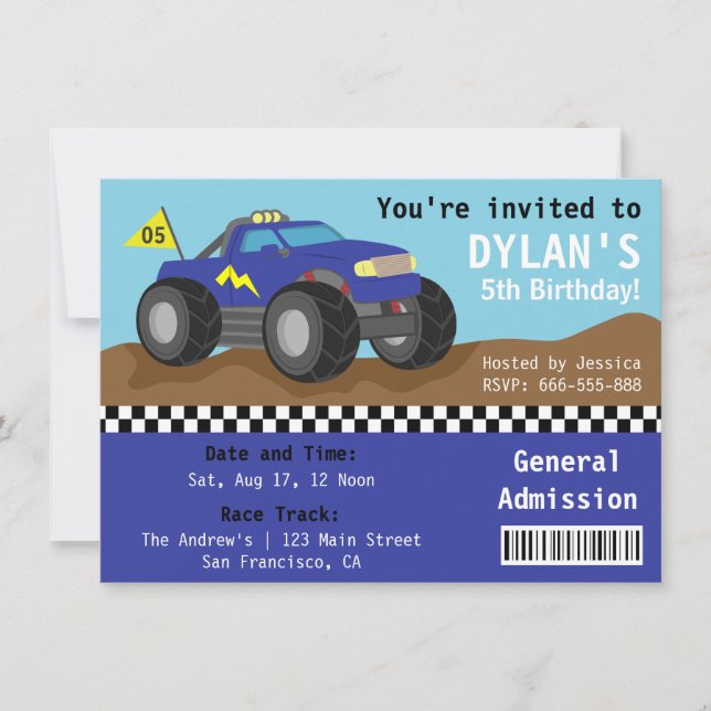 Invitation Billet d'admission bleu pour la soirée de course d (Devant)