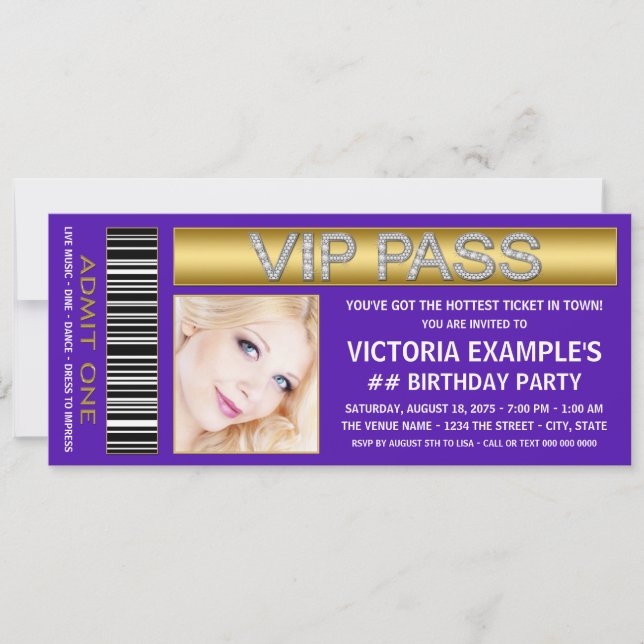 Invitation Billet d'admission VIP Pass Violet Fête d'annivers (Devant)