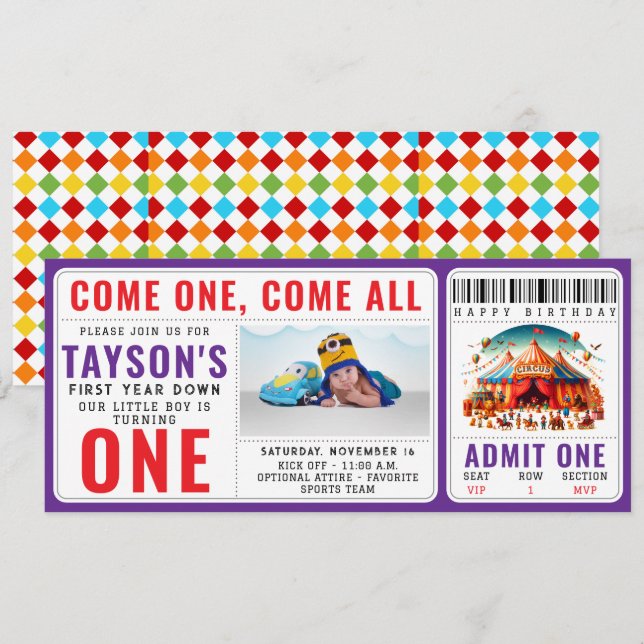 Invitation Billet d'anniversaire 1 an Cirque Carnaval Mignon  (Devant / Derrière)