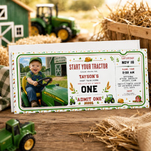Invitation Billet d'anniversaire 1 an Ferme Tracteur Vert Rus