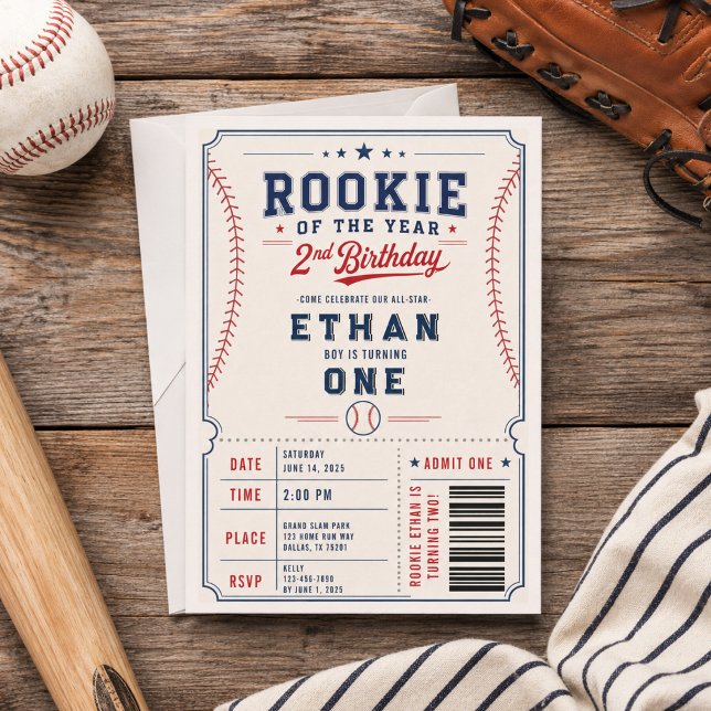 Invitation Billet d'anniversaire de 2 ans pour la recrue de l (Rookie of the Year Baseball 2nd Birthday Ticket Invitation
)