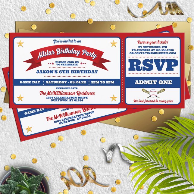 Invitation Billet d'anniversaire de baseball Allstar rouge et (Créateur téléchargé)