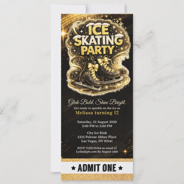 Invitation Billet d'anniversaire de patinage sur glace à pail (Devant)