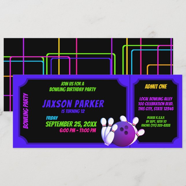 Invitation Billet d'anniversaire du Neon Glow Bowling Party (Devant / Derrière)