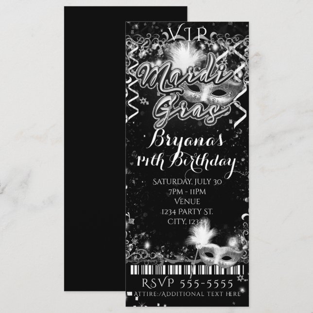 Invitation Billet d'anniversaire Mardi Gras noir et blanc VIP (Devant / Derrière)
