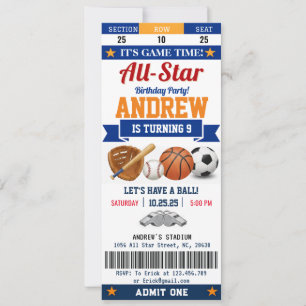 Invitation Billet d'anniversaire Personnel All Star Sport pou