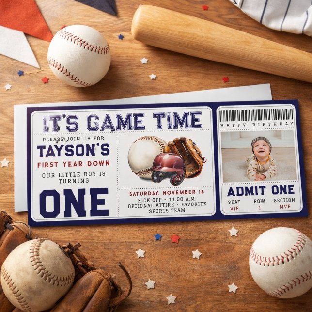 Invitation Billet d'anniversaire pour la première année de ba (Baseball First Year Down 1st Birthday Ticket Invitation)