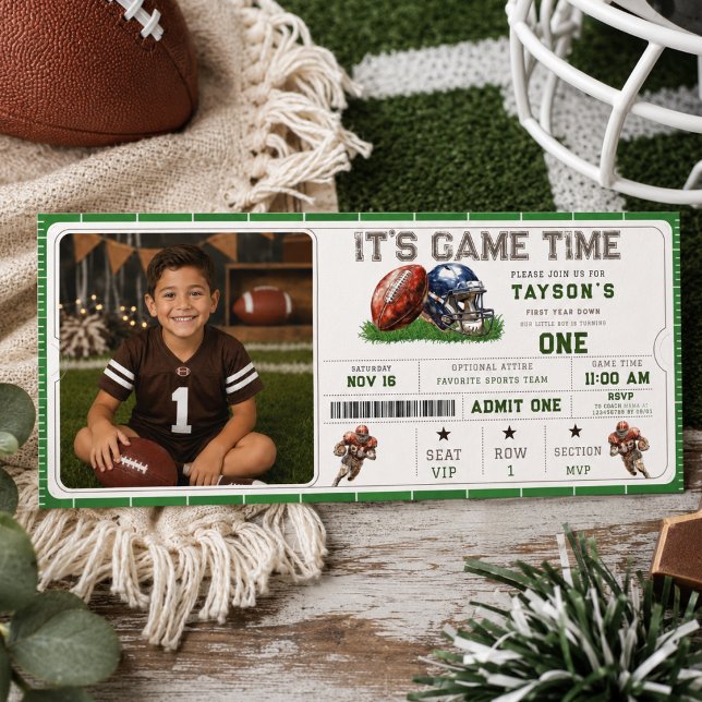 Invitation Billet d'anniversaire pour la première année de fo (Football First Year Down 1st Birthday Ticket Invitation
)