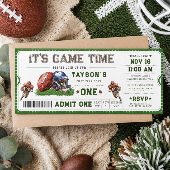 Invitation Billet d'anniversaire pour la première année de fo (Football First Year Down 1st Birthday Ticket Invitation
)