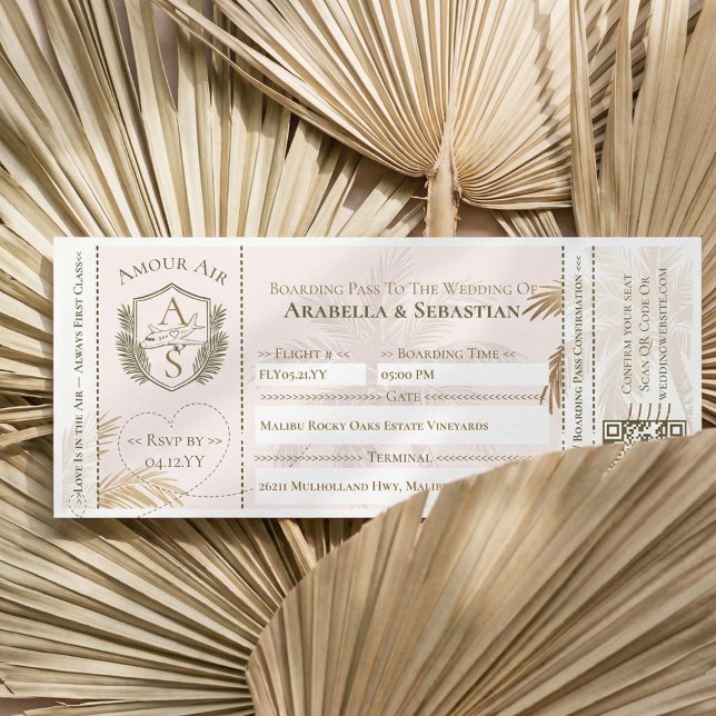 Invitation Billet d'Avion de Planche Tropicale pour Mariage d (Tropical Boarding Plane Ticket Destination Wedding Invitation (Front))