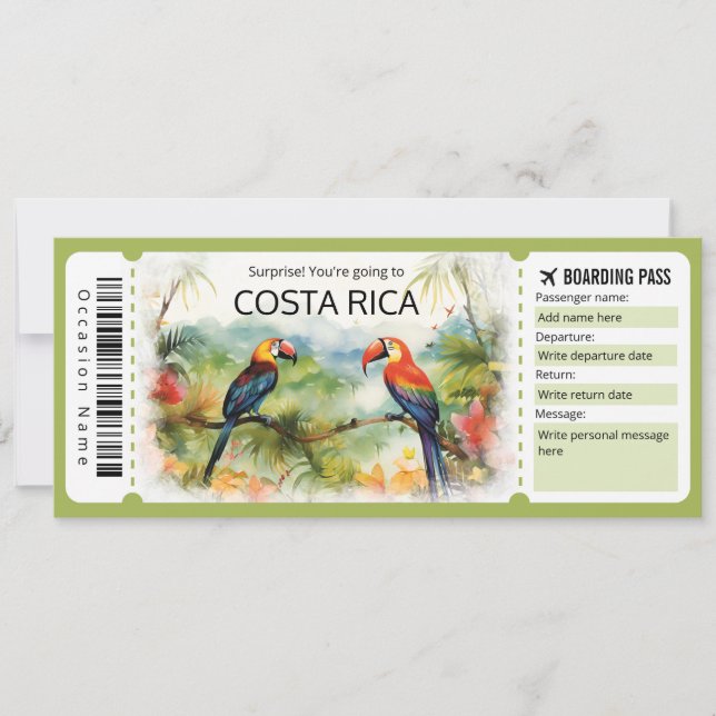 Invitation Billet d'avion Editable Costa Rica Passe d'embarqu (Devant)